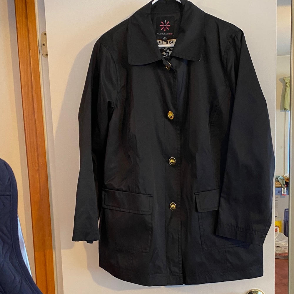 Isaac Mizrahi Black Trench Coat with Gold Buttons